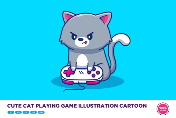 Cute Cat Playing Game Illustration: Graphics & Illustrations