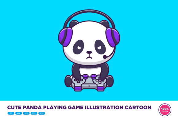 Cute Panda Playing Game Illustration: Graphics & Illustrations